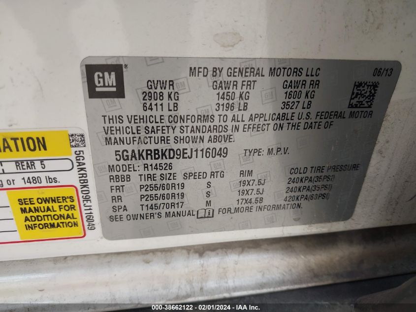 2014 BUICK ENCLAVE - 5GAKRBKD9EJ116049