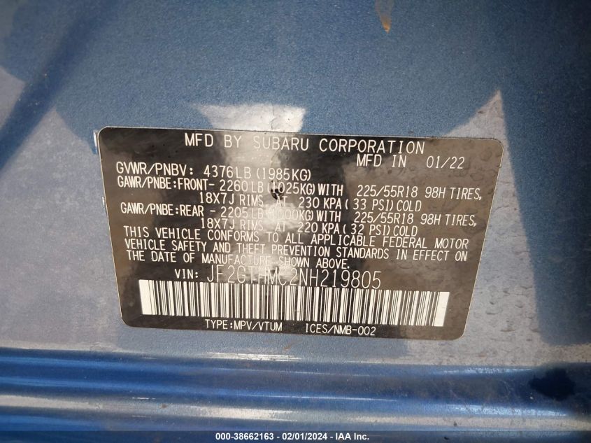 2022 SUBARU CROSSTREK LIMITED - JF2GTHMC2NH219805