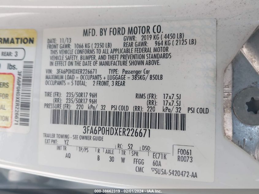 2014 FORD FUSION SE - 3FA6P0HDXER226671