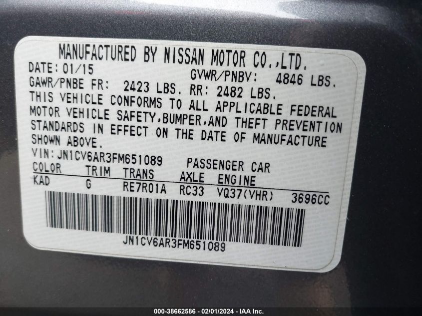 2015 INFINITI Q40 JN1CV6AR3FM651089