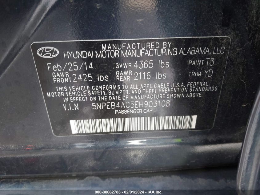 2014 HYUNDAI SONATA GLS - 5NPEB4AC5EH903108