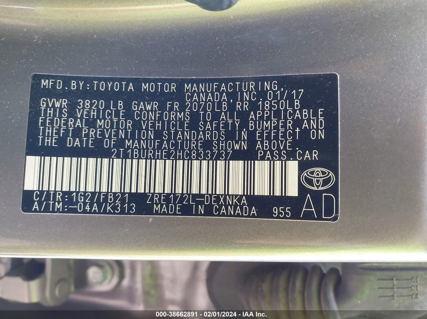 VIN 2T1BURHE2HC833737 2017 TOYOTA COROLLA L/LE/XLE/SE/XSE
