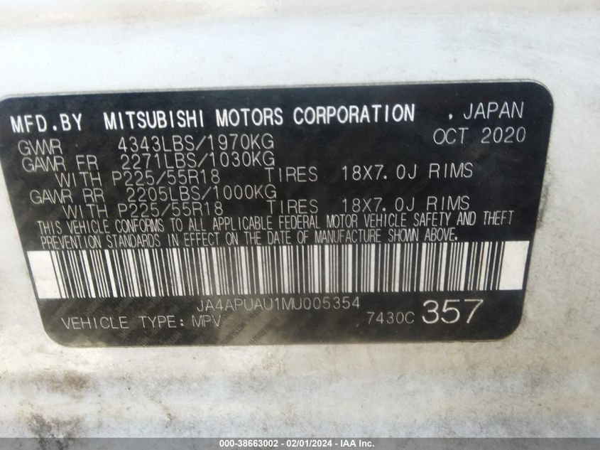 2021 MITSUBISHI OUTLANDER SPORT ES/LE/BE - JA4APUAU1MU005354