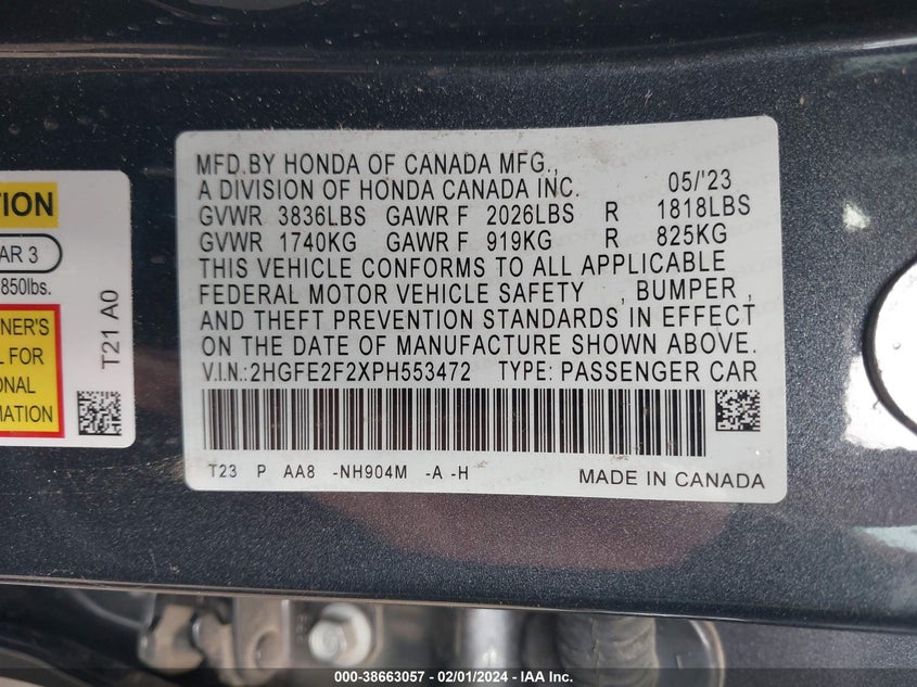 VIN 2HGFE2F2XPH553472 2023 HONDA CIVIC LX