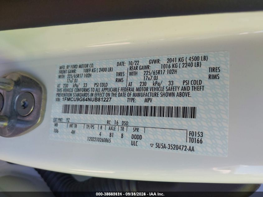 2022 FORD ESCAPE SE - 1FMCU9G64NUB81227