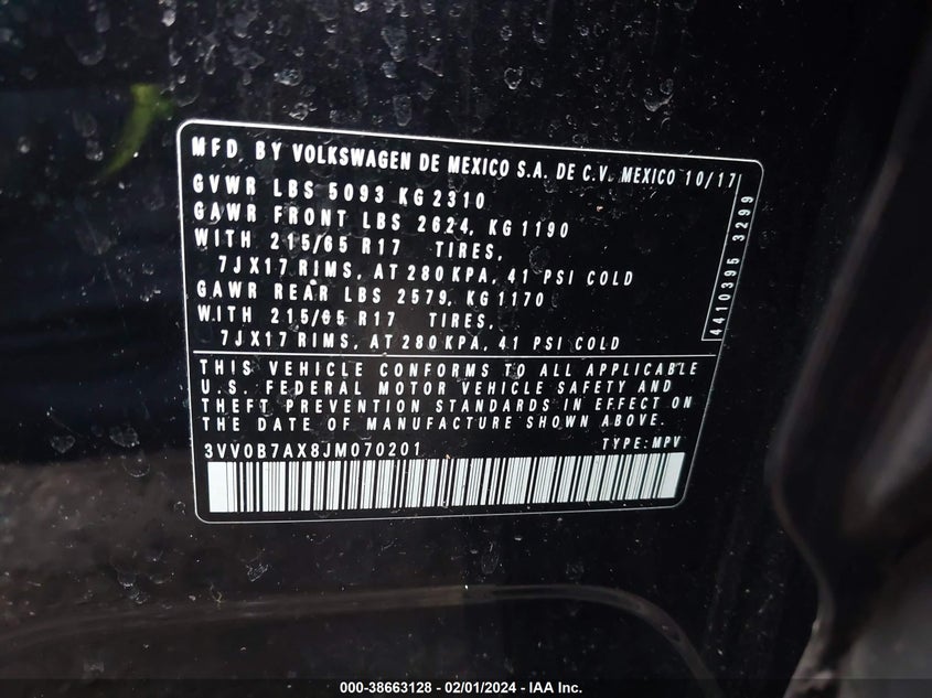 VIN 3VV0B7AX8JM070201 2018 VOLKSWAGEN TIGUAN S