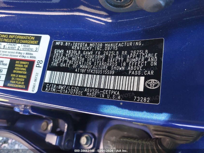 2016 TOYOTA CAMRY LE/XLE/SE/XSE - 4T1BF1FK2GU515599