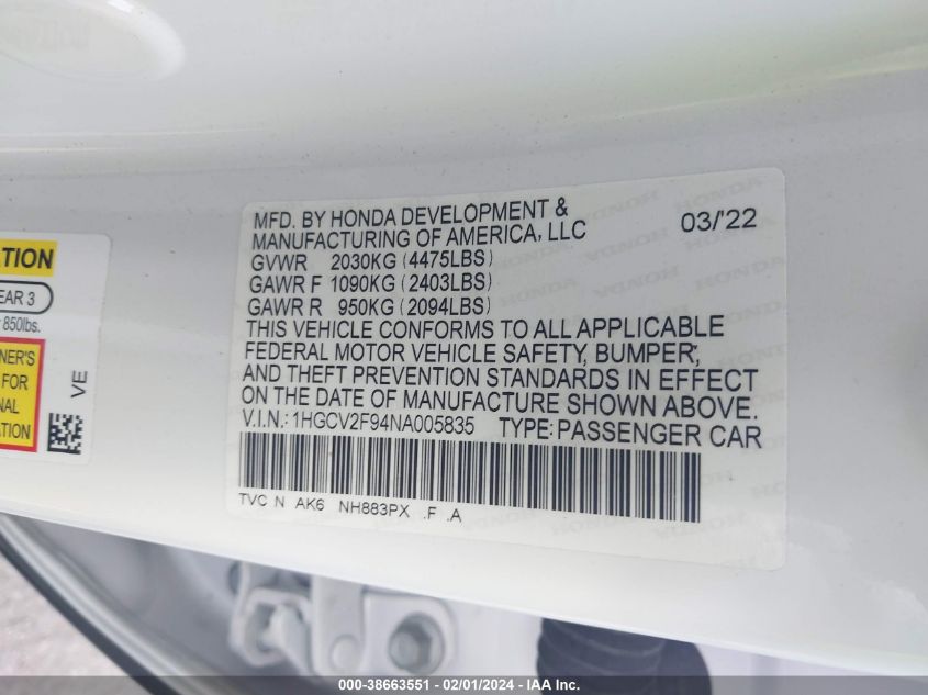 2022 HONDA ACCORD TOURING - 1HGCV2F94NA005835