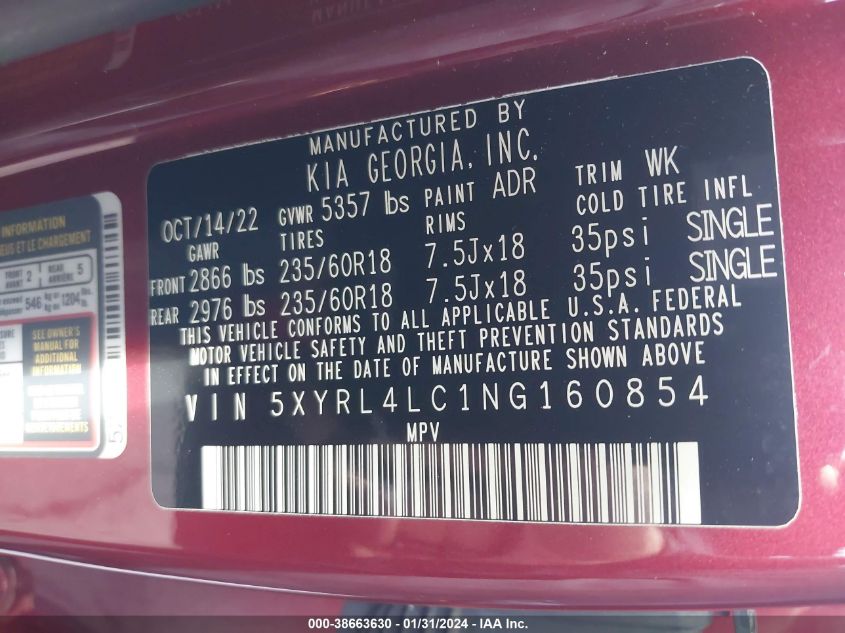 2022 KIA SORENTO S - 5XYRL4LC1NG160854