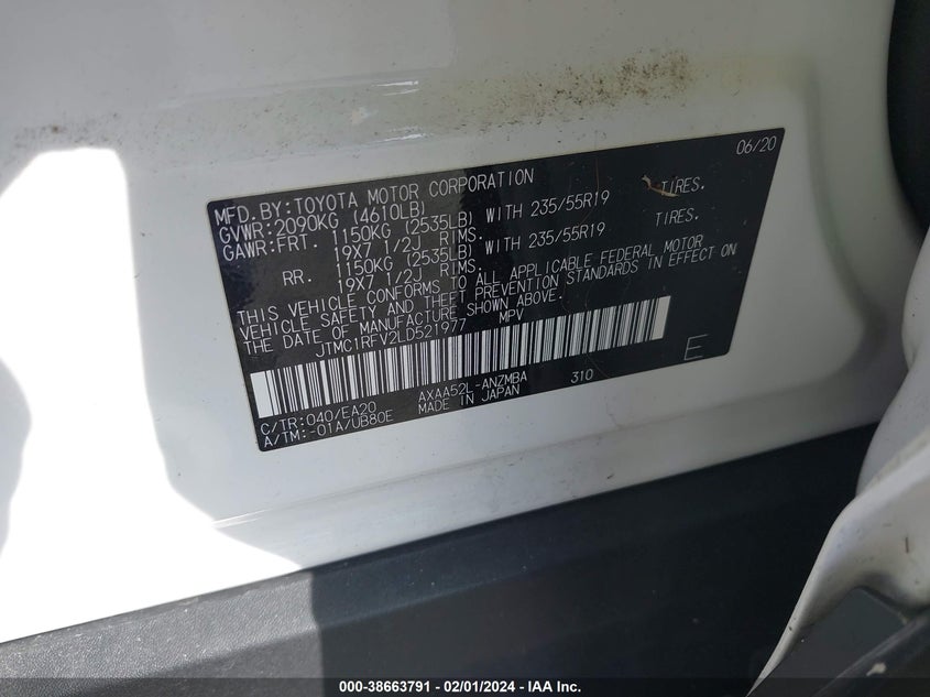 VIN JTMC1RFV2LD521977 2020 TOYOTA RAV4 XLE PREMIUM