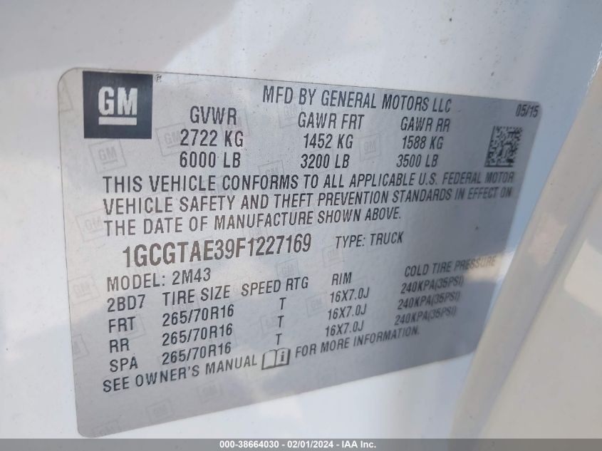 2015 CHEVROLET COLORADO - 1GCGTAE39F1227169