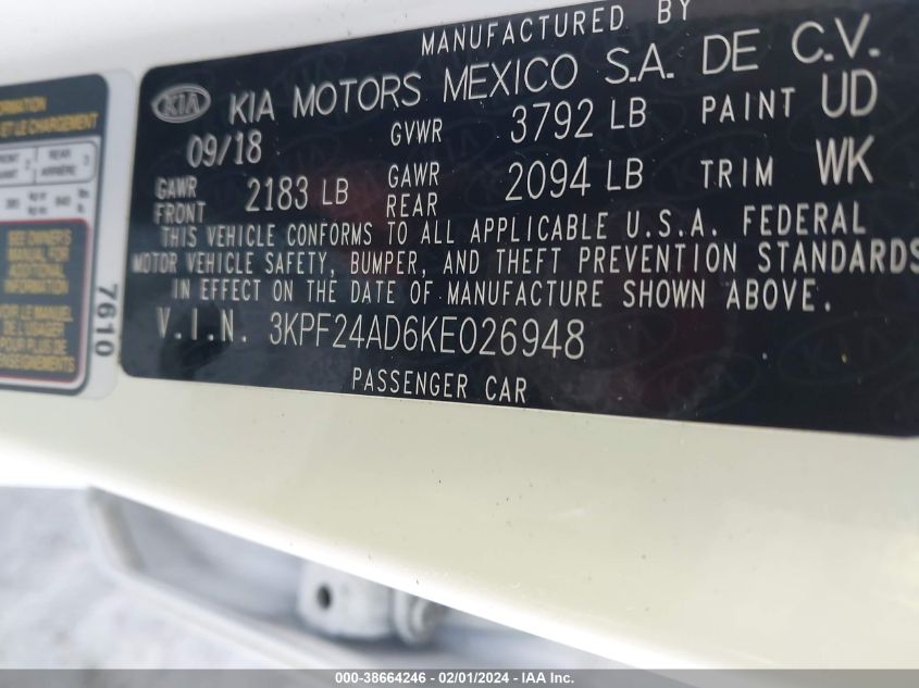 2019 KIA FORTE FE/LX/LXS - 3KPF24AD6KE026948