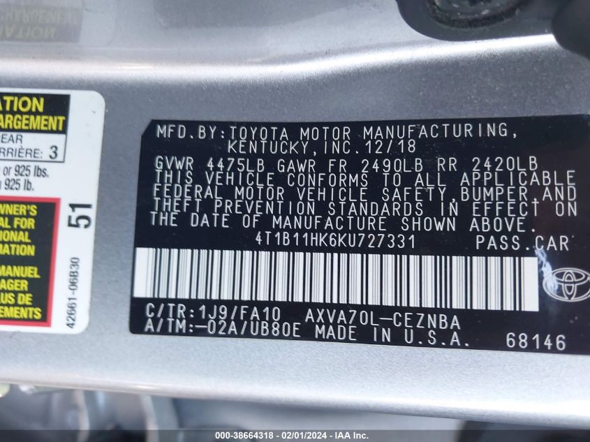 2019 TOYOTA CAMRY L/LE/XLE/SE/XSE - 4T1B11HK6KU727331