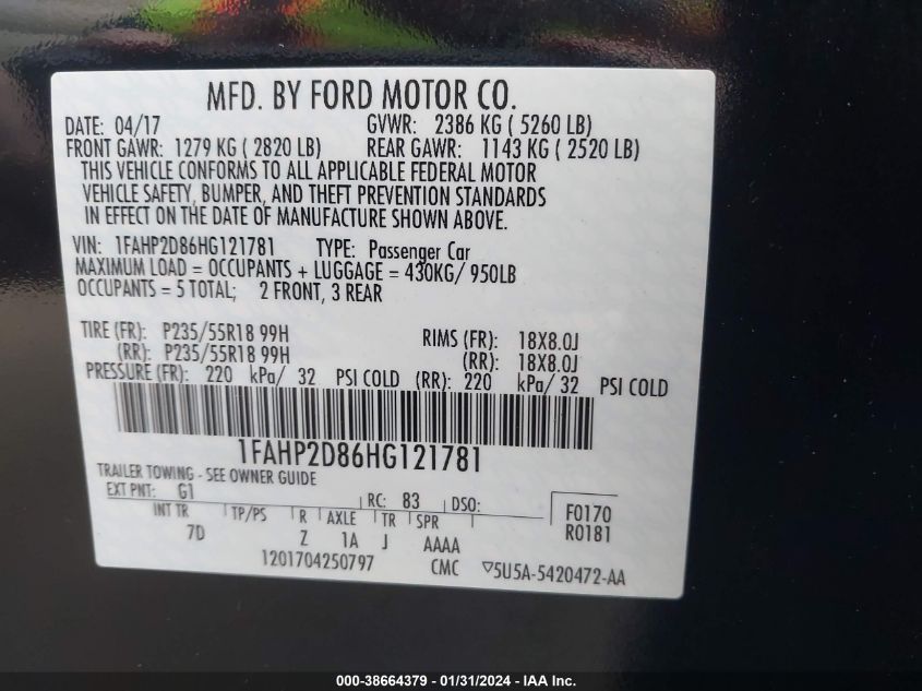 2017 FORD TAURUS SE - 1FAHP2D86HG121781