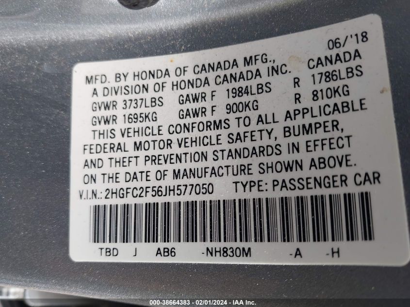 2018 HONDA CIVIC LX - 2HGFC2F56JH577050