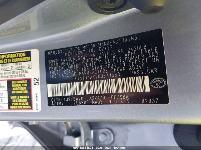 2022 TOYOTA CAMRY SE/NIGHT SHADE - 4T1T11AK2NU671553