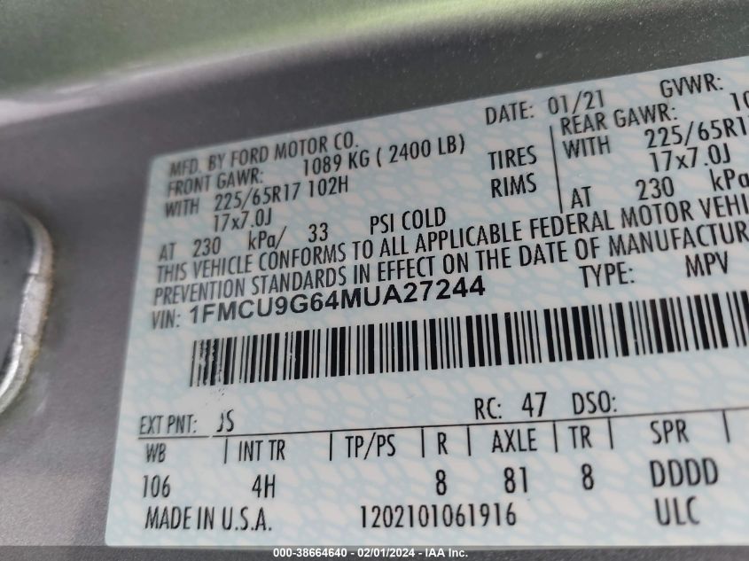 2021 FORD ESCAPE SE - 1FMCU9G64MUA27244