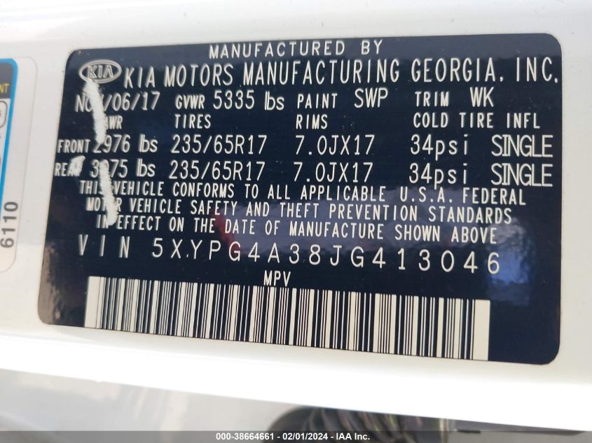 2018 KIA SORENTO LX/L - 5XYPG4A38JG413046