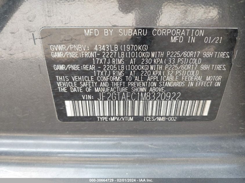 2021 SUBARU CROSSTREK PREMIUM - JF2GTAEC1M8320922