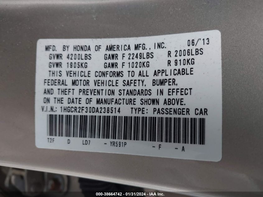 2013 HONDA ACCORD LX - 1HGCR2F30DA238514