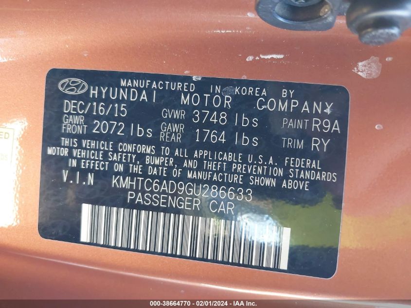 2016 HYUNDAI VELOSTER - KMHTC6AD9GU286633