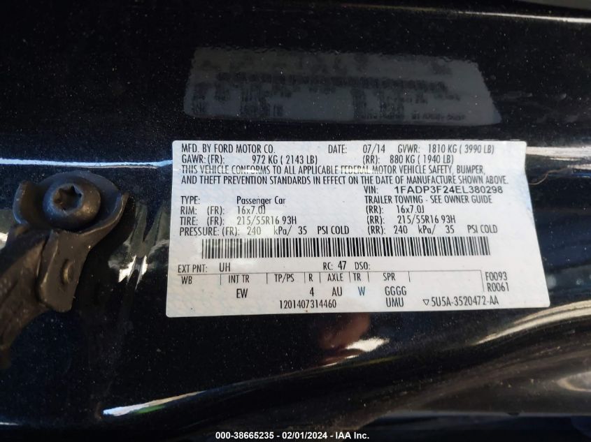 2014 FORD FOCUS SE - 1FADP3F24EL380298