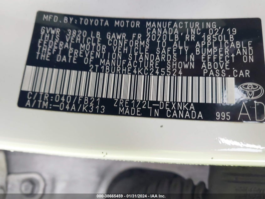VIN 2T1BURHE4KC245524 2019 TOYOTA COROLLA LE