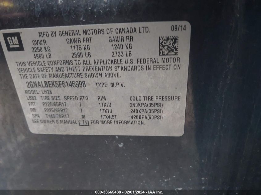 2015 CHEVROLET EQUINOX LT - 2GNALBEK5F6146998
