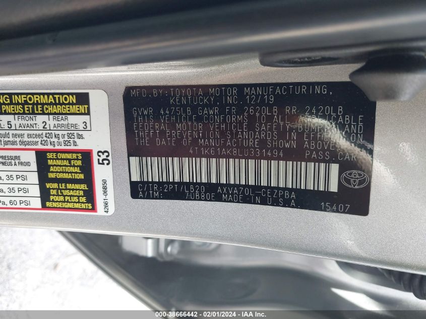 2020 TOYOTA CAMRY XSE - 4T1K61AK8LU331494