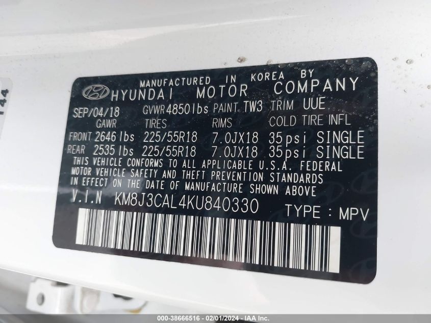 2019 HYUNDAI TUCSON LIMITED/SEL/SPORT/ULTIMAT - KM8J3CAL4KU840330