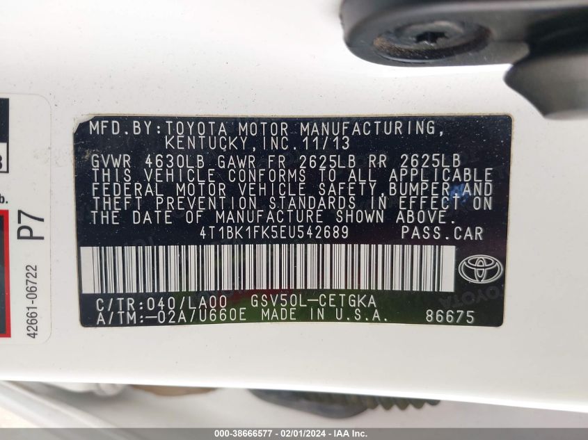 2014 TOYOTA CAMRY SE/XLE - 4T1BK1FK5EU542689