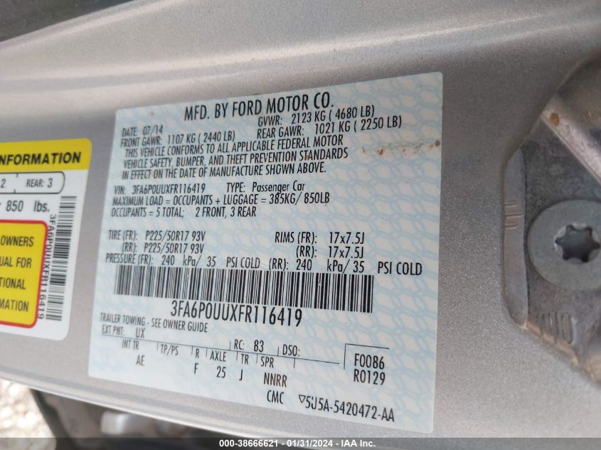 2015 FORD FUSION HYBRID S - 3FA6P0UUXFR116419