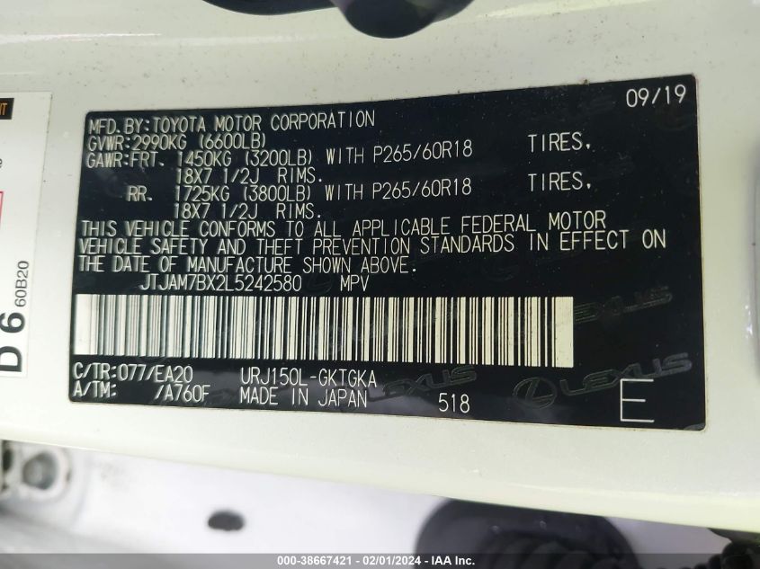 2020 LEXUS 460 460 PREMIUM - JTJAM7BX2L5242580