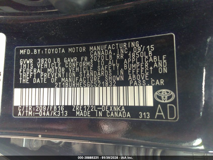 2016 TOYOTA COROLLA LE - 2T1BURHE5GC521832