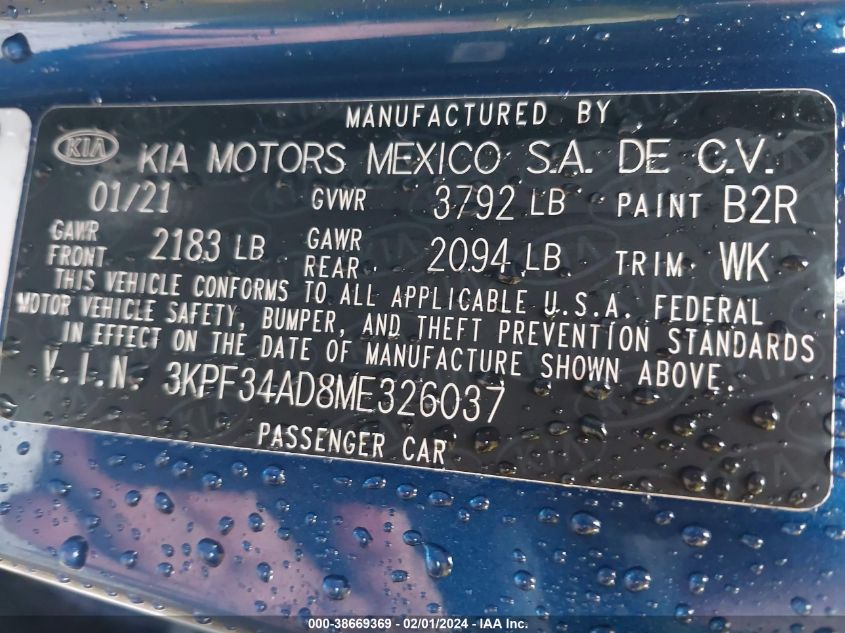 2021 KIA FORTE GT LINE - 3KPF34AD8ME326037