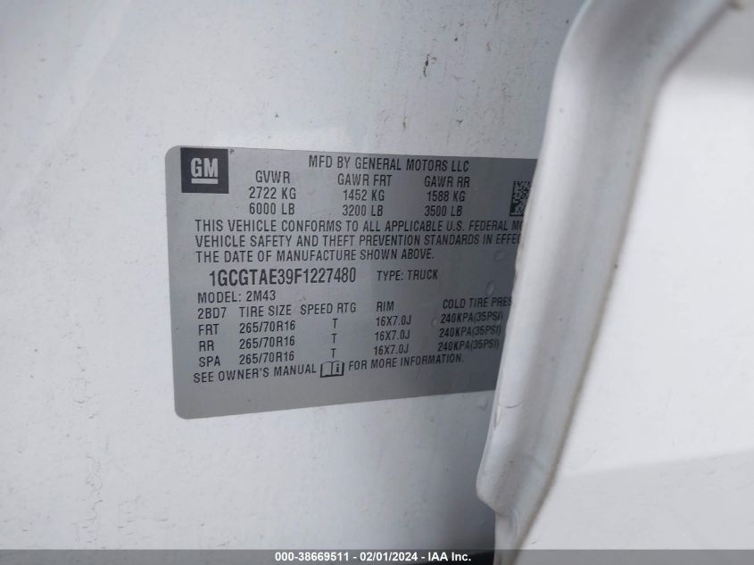 2015 CHEVROLET COLORADO - 1GCGTAE39F1227480
