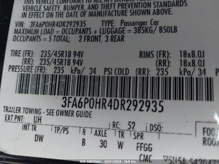 2013 FORD FUSION SE - 3FA6P0HR4DR292935