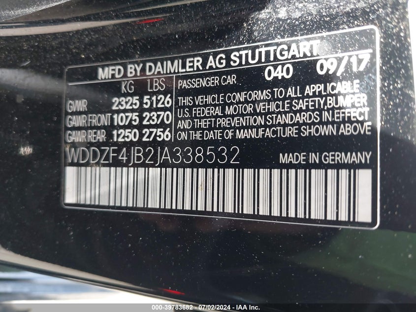 2018 MERCEDES-BENZ E 300 VIN: WDDZF4JB2JA338532