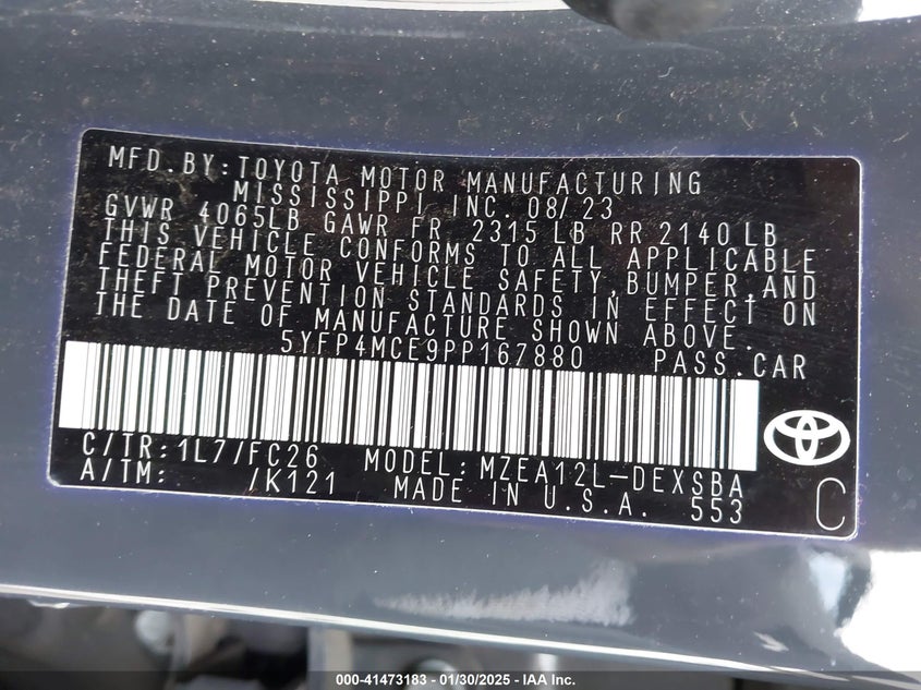 2023 TOYOTA COROLLA VIN: 5YFP4MCE9PP167880