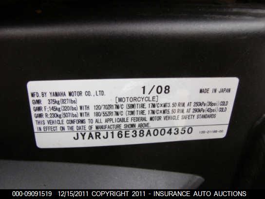 2008 YAMAHA YZFR6 L JYARJ16E38A004350