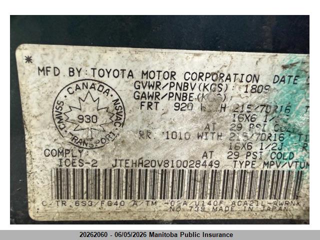 JTEHH20V810028449 · 2001 TOYOTA RAV4