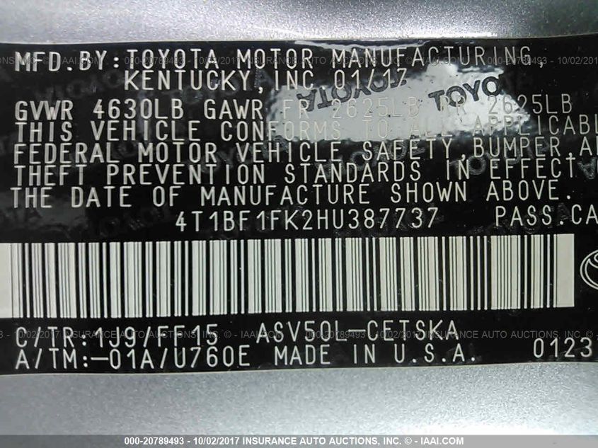 2017 TOYOTA CAMRY LE/XLE/SE/XSE 4T1BF1FK2HU387737