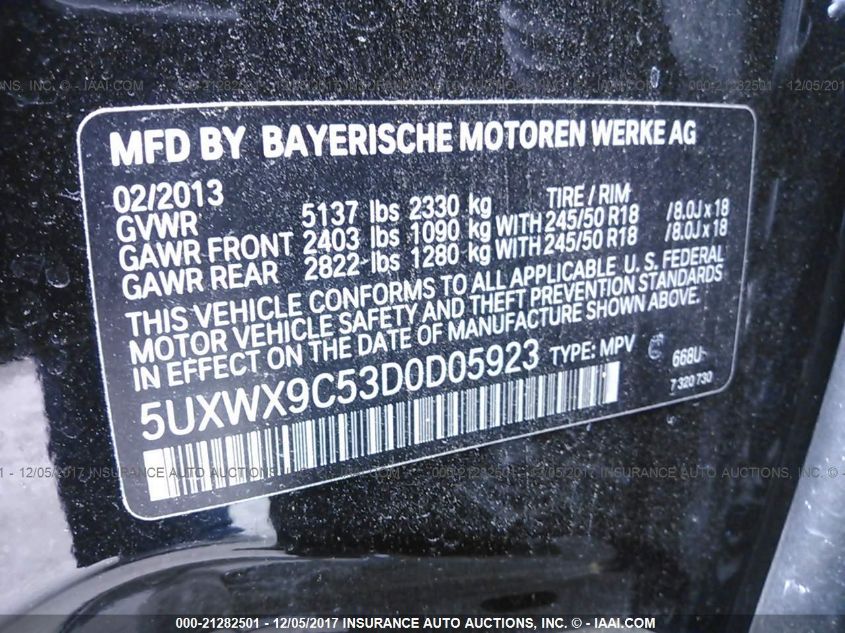 2013 BMW X3 XDRIVE28I 5UXWX9C53D0D05923