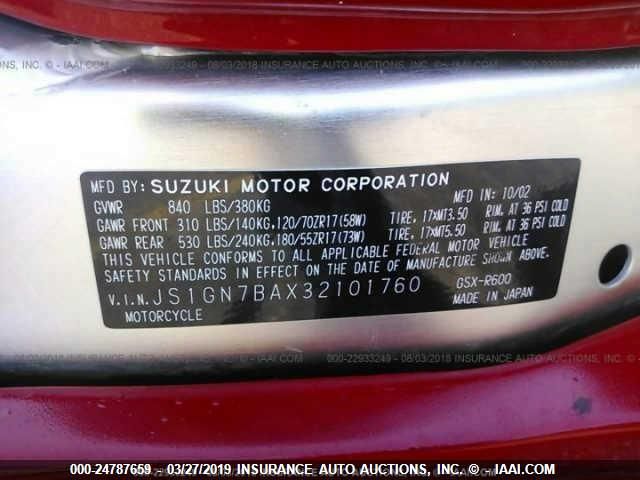 2003 SUZUKI GSX-R600 JS1GN7BAX32101760