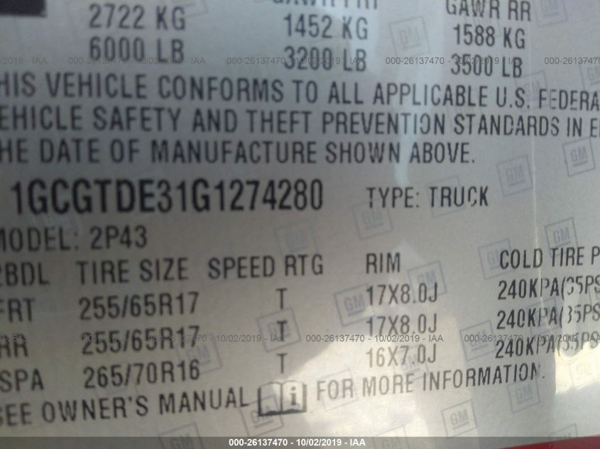 2016 CHEVROLET COLORADO 4WD Z71 1GCGTDE31G1274280