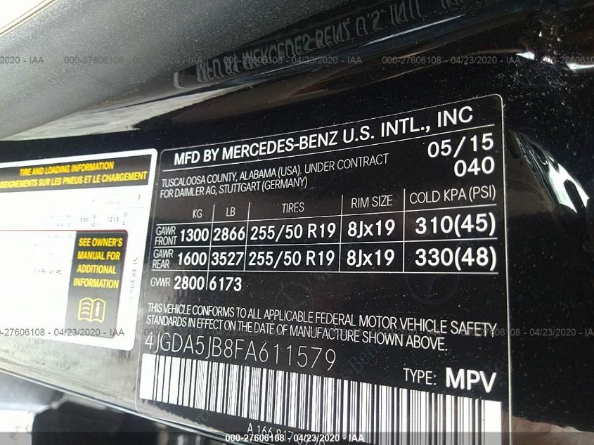 2015 MERCEDES-BENZ M-CLASS ML 350 4JGDA5JB8FA611579