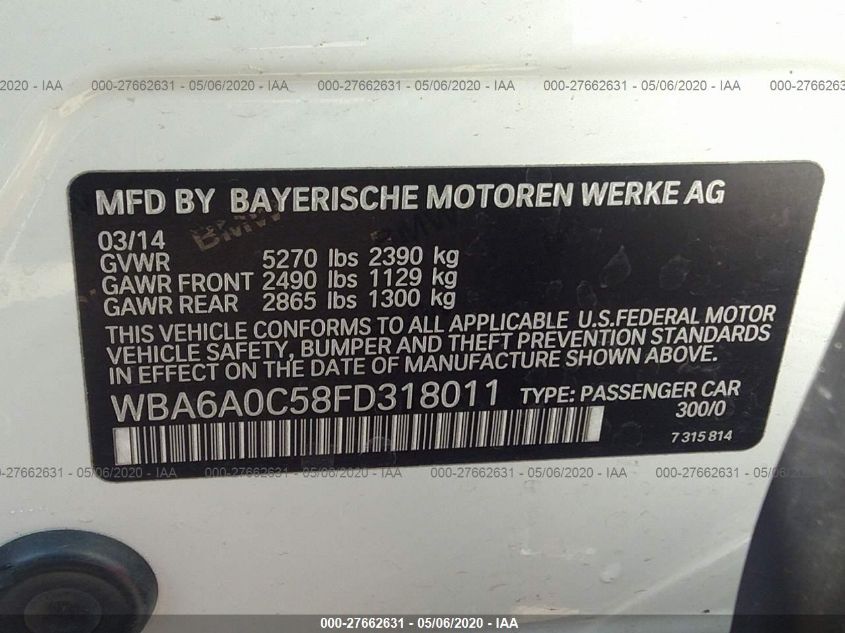 2015 BMW 6 SERIES 640I WBA6A0C58FD318011