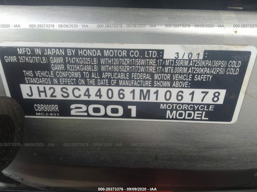 2001 HONDA CBR900 RR JH2SC44061M106178