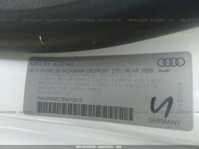 2014 AUDI A7 3.0 PREMIUM PLUS WAUWGAFC7EN013316