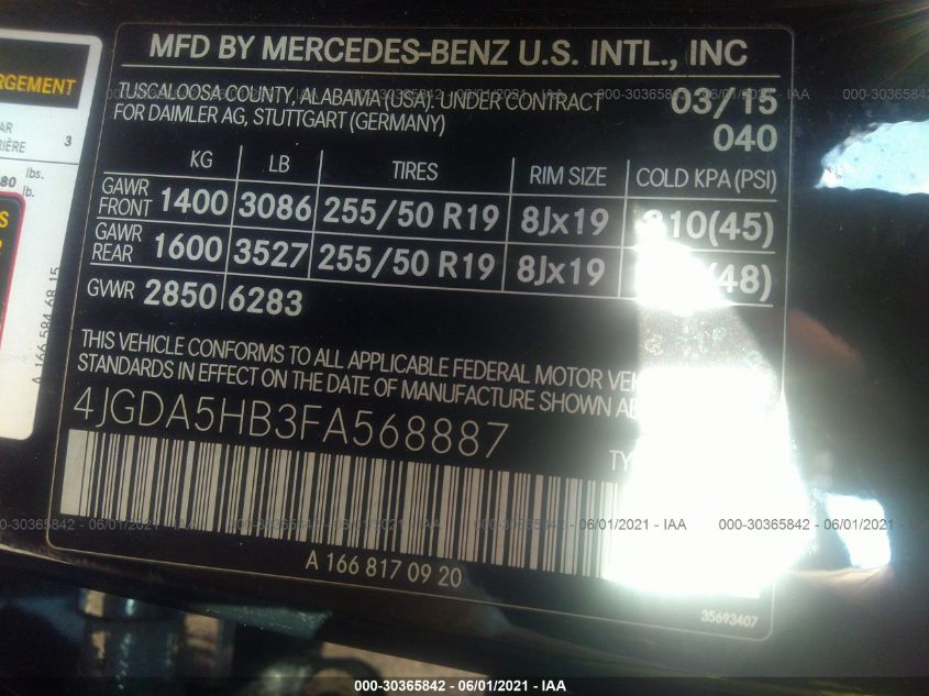 2015 MERCEDES-BENZ M-CLASS ML 350 4JGDA5HB3FA568887